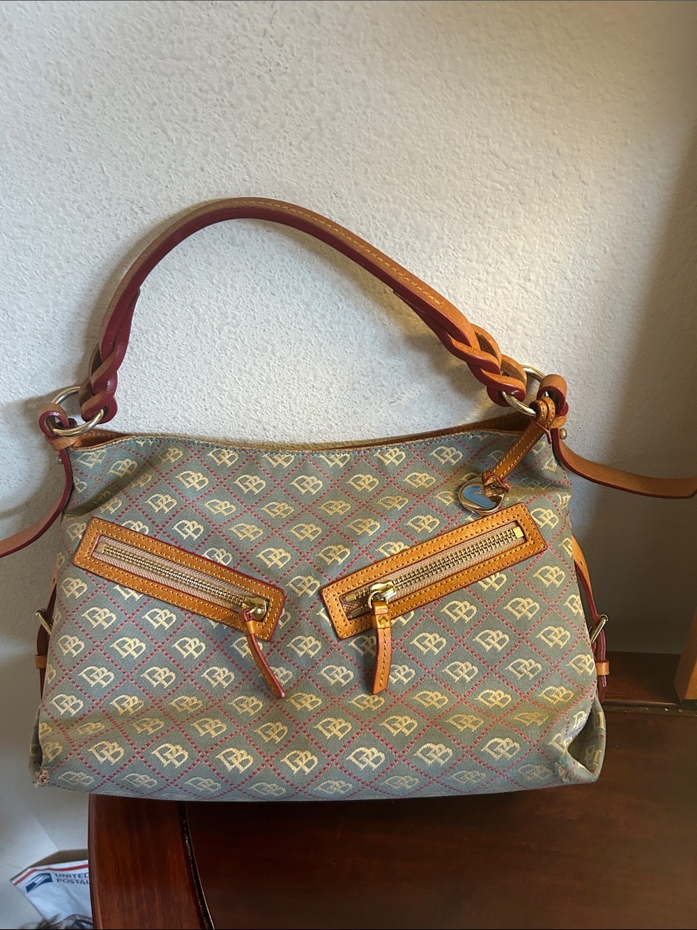 Womenโs Shoulder Bag in Blue and Tan with Patterned Monogram